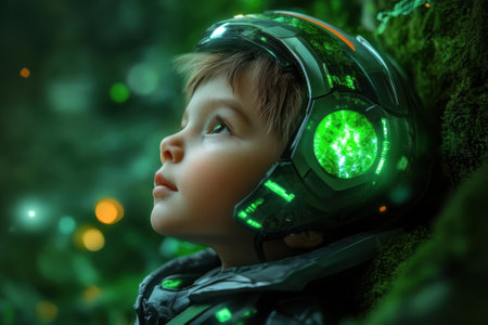 A young child wearing a high-tech helmet looks up in a glowing green forest, surrounded by enchanting lights.の写真素材