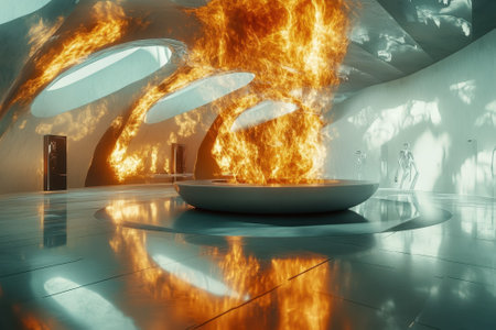 An art installation displays flames in a contemporary gallery with smooth walls and natural light pouring in.の写真素材