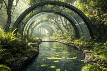 A peaceful waterway meanders through vibrant greenery, showcasing nature's beauty and tranquility.の写真素材