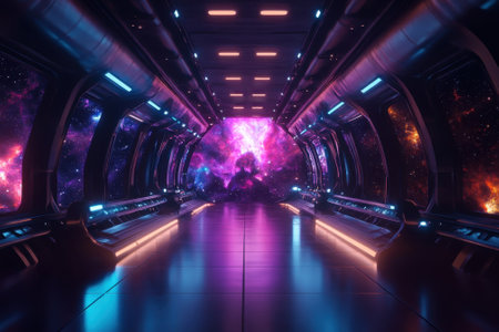 A futuristic corridor showcases colorful cosmic views through large windows, illuminated by neon lights.の写真素材