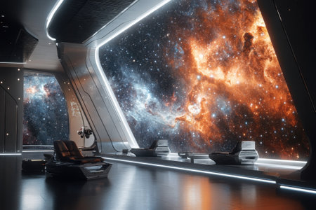 Luxurious room featuring large windows showcasing a breathtaking cosmic landscape with vibrant colors.の写真素材