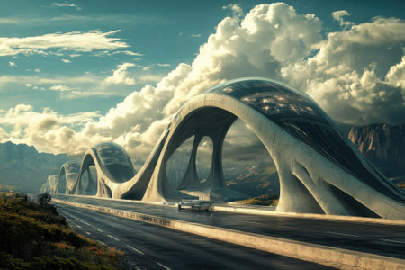 A modern highway bridge spans a landscape under a cloudy sky, highlighting innovative architecture.の写真素材