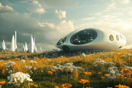 A sleek, futuristic building with large windows stands among colorful wildflowers on a sunny afternoon.の写真素材