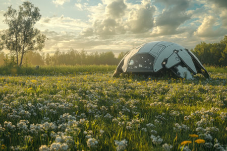 A sleek, metallic pod rests in a blooming field, surrounded by colorful flowers and under a brilliant sky.の写真素材