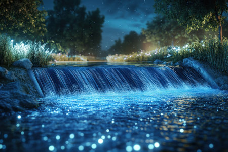 A peaceful waterfall cascades gently, illuminated by soft lights shimmering in the water during the night.の写真素材
