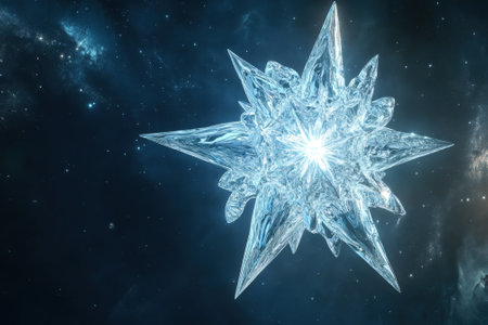A large, intricate crystal star radiates light amidst a dark cosmic backdrop filled with stars.の写真素材
