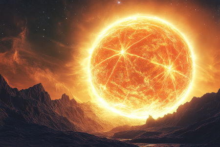 A vibrant sun shines brightly over jagged mountains with a twilight sky filled with stars.の写真素材