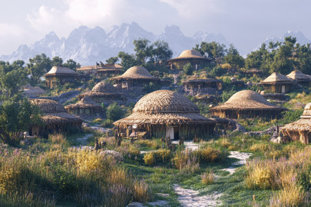 A peaceful village features thatched huts surrounded by lush greenery and towering mountains on a sunny day.の写真素材