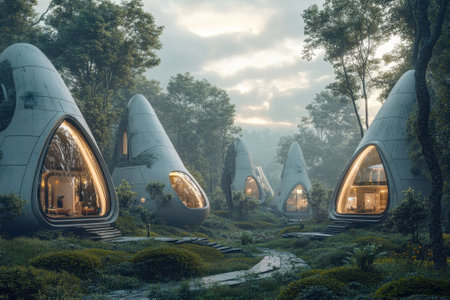 Sleek, organic-shaped homes are surrounded by lush greenery in a tranquil forest setting during early morning.の写真素材