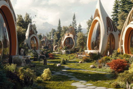 A cluster of futuristic houses with organic shapes nestled in a vibrant, green landscape showcasing nature.の写真素材
