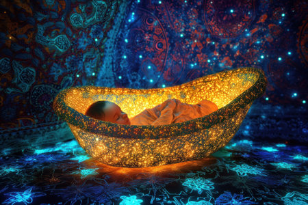 A serene baby lies in a luminous nest, enveloped by vibrant patterns and soft lights in a cozy atmosphere.の写真素材
