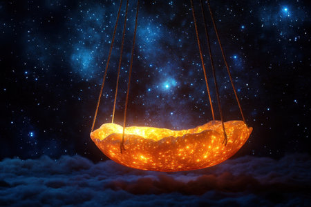 A luminous, orange bowl swings gently against a backdrop of stars, hovering above fluffy clouds at night.の写真素材