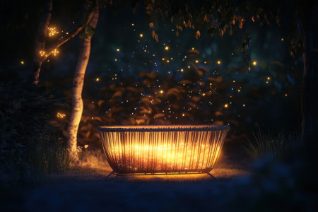 Warm light radiates from a fire pit surrounded by glowing fireflies, enhancing the tranquility of the night.の写真素材