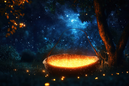 A woven basket filled with glowing lights sits quietly under a tree, surrounded by twinkling stars and fireflies.の写真素材