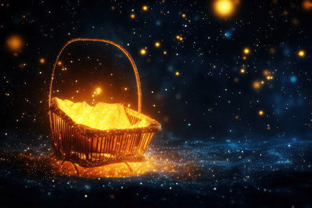 A basket filled with luminous material glows softly amid a starry dark backdrop, creating a magical atmosphere.の写真素材