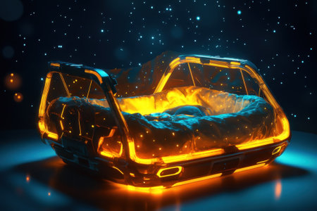 A glowing bed design with a modern style rests in a starry space.の写真素材