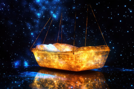 A glowing boat hovers in a vast star-filled space, evoking dreams of adventure and discovery.の写真素材