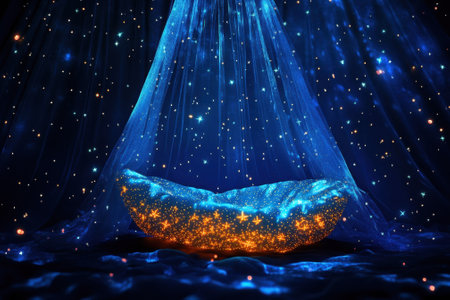 A captivating setting features a glowing bed surrounded by shimmering lights and a celestial atmosphere.の写真素材