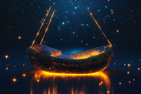 A cozy swing with glowing edges is gently suspended, surrounded by twinkling stars in a peaceful night sky.の写真素材