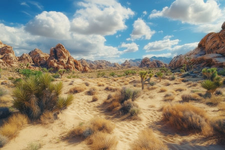 Cacti and shrubs dot the sandy terrain under a blue sky filled with fluffy clouds in a sunlit desert.の写真素材