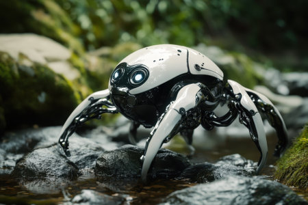 A robotic spider moves over smooth stones in a clear stream surrounded by vibrant green vegetation.の写真素材