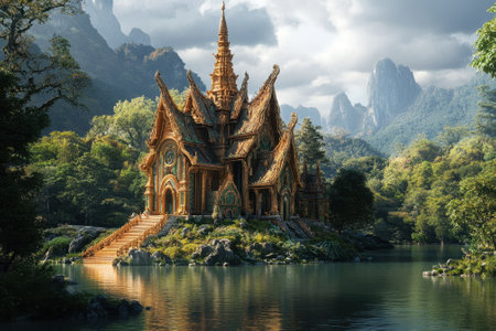 A stunning castle with intricate design sits in lush greenery by a tranquil lake reflecting the sunset.の写真素材