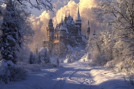 A stunning castle rises among tall trees blanketed in snow, illuminated by the warm light of the setting sun.の写真素材