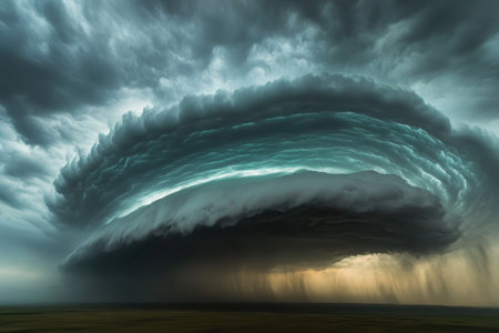 A swirling, dark cloud formation looms over the horizon as rain begins to fall during dusk.の写真素材