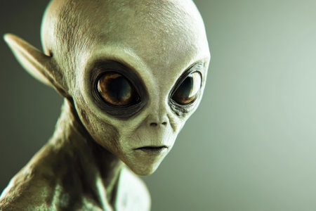 An unusual extraterrestrial being stands still, showing large reflective eyes and a bald head in soft light.の写真素材