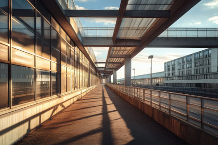 A pedestrian walkway stretches between buildings, bathed in warm sunset light, highlighting shadows and structures.の写真素材