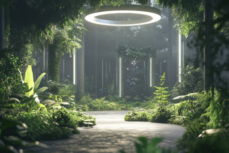 A serene forest pathway surrounded by vibrant plants and glowing light rings creates a peaceful atmosphere.の写真素材