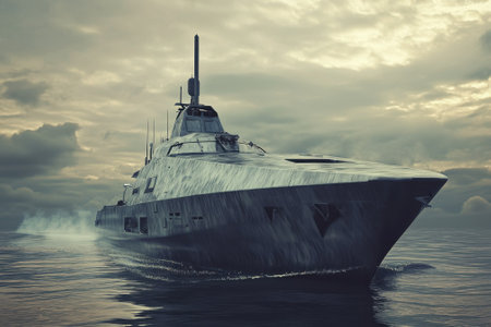 A sleek naval ship moves steadily through the ocean, cutting through the water on a cloudy day.の写真素材