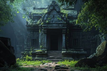 A misty morning reveals an ancient temple nestled in a lush jungle, surrounded by stone and greenery.の写真素材