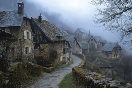 A tranquil village hidden in the mountains shows rustic stone houses shrouded in morning fog.の写真素材