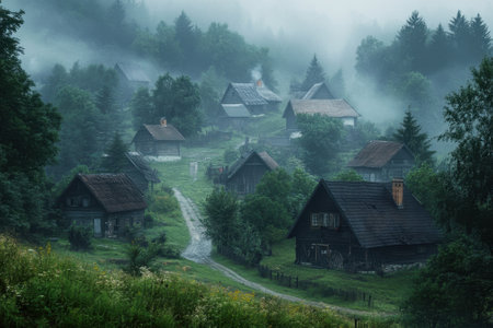 A tranquil village enveloped in morning mist, with quaint houses nestled among trees and hills.の写真素材