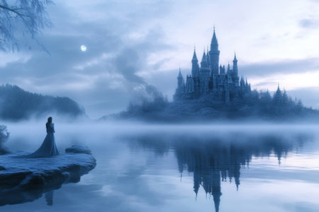 A woman in a flowing dress gazes at a grand castle enveloped in mist near a tranquil lake at dawn.の写真素材
