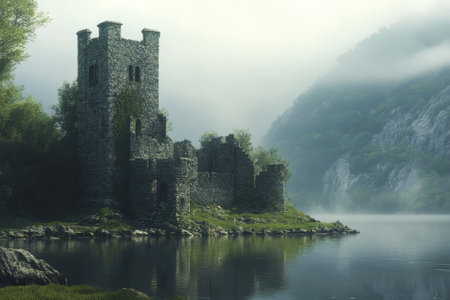 An ancient tower stands amid fog-covered mountains and tranquil water, capturing the beauty of dawn's light.の写真素材