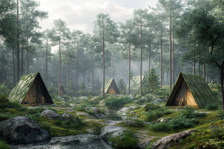 Four tents are nestled among lush trees and rocks near a tranquil stream in the morning light.の写真素材