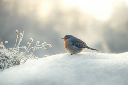 A small bird stands on the snow, its vibrant plumage contrasting the white landscape during early morning.の写真素材
