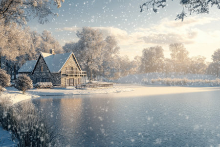 A cozy wooden cabin sits by a tranquil lake, surrounded by snow-covered trees on a bright winter day.の写真素材
