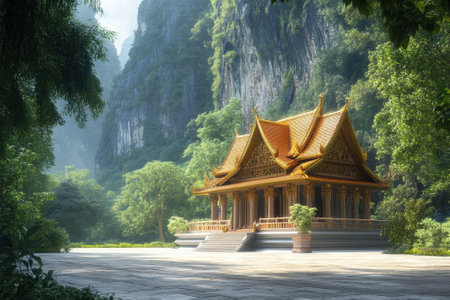 A tranquil temple stands amidst towering mountains and vibrant greenery, inviting peace and reflection.の写真素材