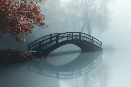 A tranquil bridge arches over a still lake, enveloped in a soft mist with autumn leaves nearby.の写真素材