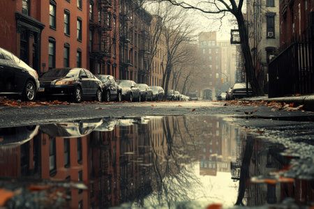 Rain-soaked street captures reflections of buildings and trees amidst a calm urban atmosphere.の写真素材