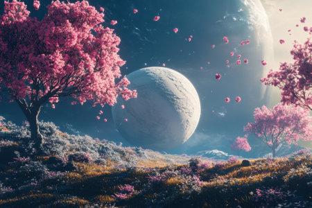 A vibrant alien landscape features pink trees under a starry sky with distant planets and floating petals.の写真素材