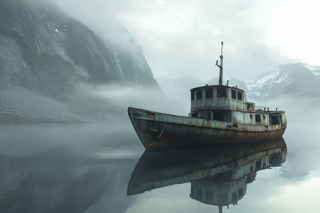 An old fishing boat lies still in a tranquil lake surrounded by misty mountains, evoking a sense of solitude.の写真素材