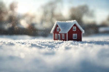 Small red house covered in snow sitting on a winter landscape glistening under bright sunlight.の写真素材
