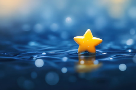 A vibrant yellow star rests on the surface of sparkling water, creating a serene and whimsical atmosphere.の写真素材