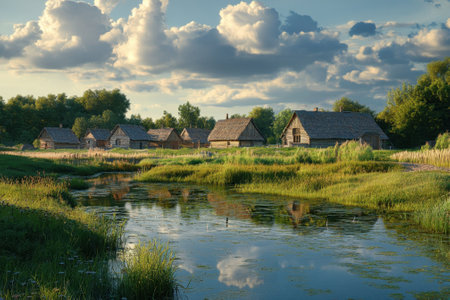 Wooden houses sit peacefully by a river surrounded by lush greenery under a cloudy sky at sunset.の写真素材