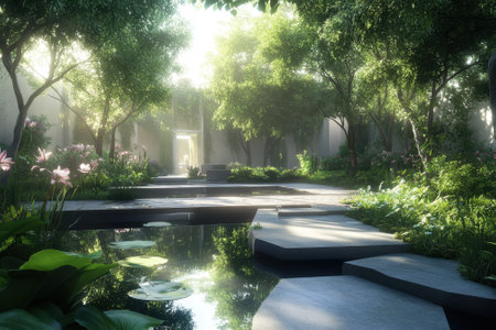 A tranquil garden features lush greenery, a reflecting pool, and stone pathways under soft sunlight.の写真素材