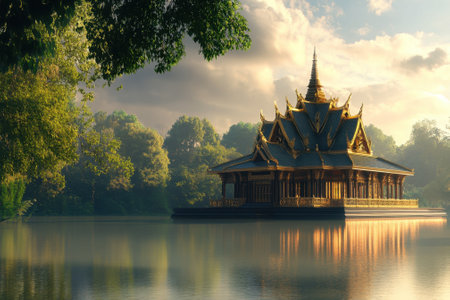 A golden pavilion stands majestically on the water's edge, surrounded by lush greenery and bright skies.の写真素材